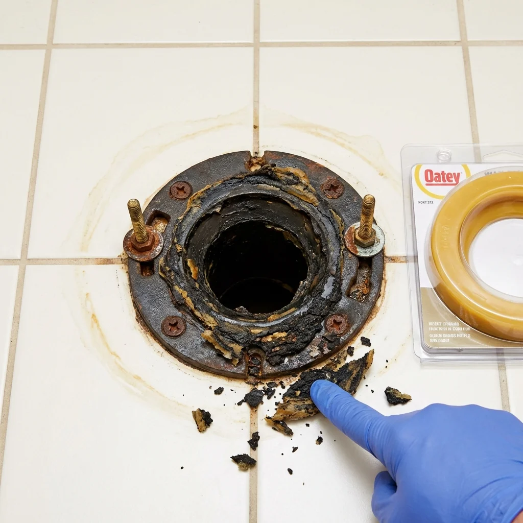 Failed wax ring showing water seepage at the base of a toilet in a Buffalo, TX home